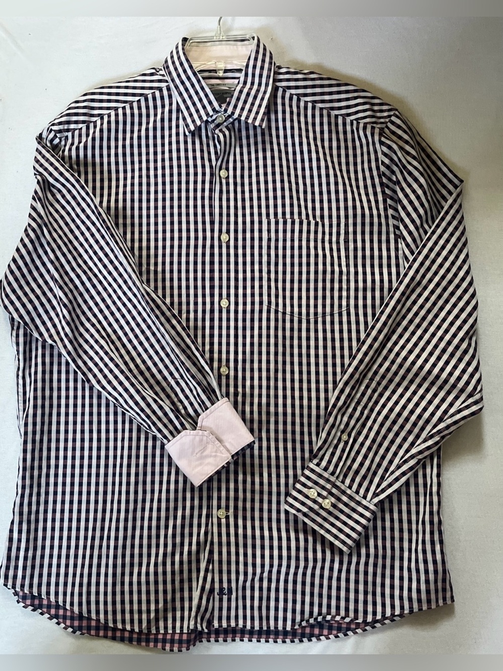 Johnston & Murphy Mens Tailored Fit Navy Blue Pink Gingham Plaid Dress Shirt